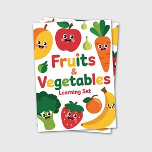 May include: A stack of colorful learning cards featuring cartoon fruits and vegetables with smiling faces. The cards display an apple, carrot, banana, strawberry, and more, with the text "Fruits & Vegetables Learning Set".