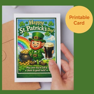 Kartka z okazji Dnia Świętego Patryka, Irish Wish, Niech Twój dzień będzie pełen radości i szczęścia, skrzat, Guinness i złoto (format A4/US Letter do druku)