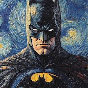 May include: A painting of Batman, the superhero, in a style reminiscent of Van Gogh's "Starry Night." The image features Batman's head and shoulders, with a dark blue and black color scheme. The background is a swirling night sky with yellow stars.