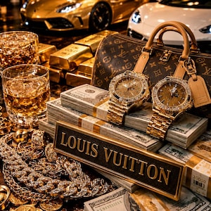 Pode incluir: Uma bolsa castanha com monograma, dois relógios de pulso dourados com biséis cravejados de diamantes, pilhas de notas de dólar, barras de ouro, correntes de ouro, moedas de ouro e dois copos com líquido âmbar, com uma placa LOUIS VUITTON.