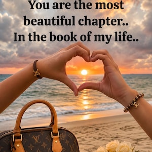 Op de afbeelding: Een bruine handtas met monogram, goudkleurige hardware, een hangslot en lichtbruine lederen handvatten. Twee polsen dragen kralenarmbanden met gouden LV-bedels. De tekst luidt: MY LOVE You are the most beautiful chapter.. In the book of my life..