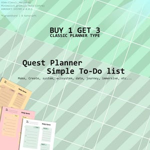 Puede incluir: Imagen promocional de un conjunto de planificadores. El texto dice "COMPRA 1 OBTÉN 3" y "Quest Planner Simple To-Do list". El fondo es un patrón de cuadrícula verde claro. Se ven varias páginas de planificador.