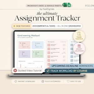 May include: A digital assignment tracker dashboard for Microsoft Excel and Google Sheets displayed on a laptop screen. The interface features sections for assignments, tasks, and deadlines, with text including The Ultimate Assignment Tracker.