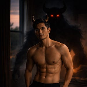 Könnte beinhalten: Eine muskulöse Person mit dunklem Haar und ernstem Gesichtsausdruck, die kleine, gebogene Hörner trägt. Eine schattenhafte Gestalt mit leuchtend roten Augen zeichnet sich im Hintergrund ab und erzeugt einen dramatischen Kontrast. Die Beleuchtung ist warm.