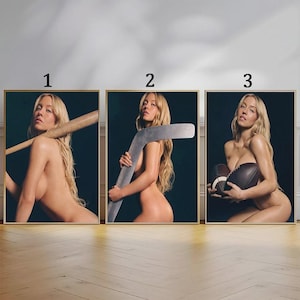 May include: Three framed wall art prints featuring a blonde person with long wavy hair against a dark background. Print 1 shows a wooden baseball bat, print 2 shows a silver hockey stick, and print 3 shows a brown leather American football.