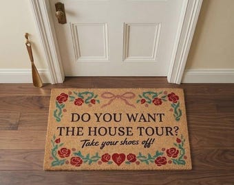 Floral House Tour Doormat, Take Your Shoes Off Welcome Mat, Red Rose Decorative
