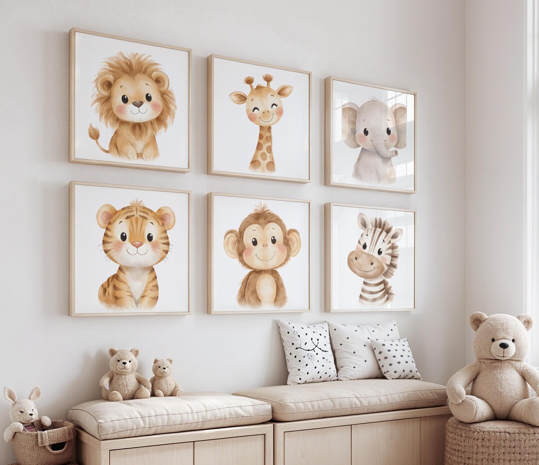 Safari Animals Nursery Wall Art Set of 6, Baby Jungle Animal Prints ...