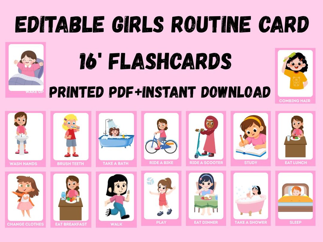 Girl Routine Cards Girls Routine Cards Printable, 16 Flashcards for Kids Daily Routine ...
