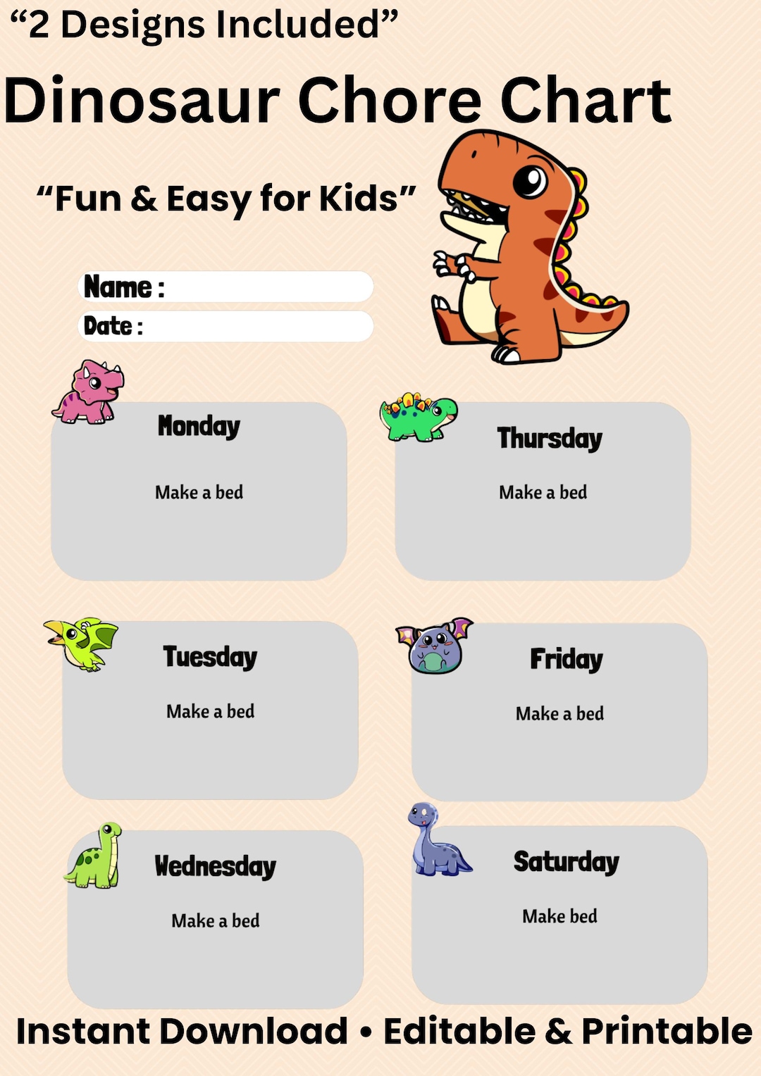 Dinosaur Chore Chart for Kids Printable | Kids Weekly Planner | Editable Routine Chart ...