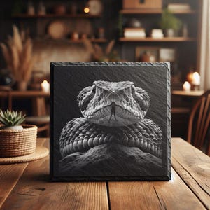 May include: A square, black and white image of a snake's head and coiled body. The snake's detailed scales and piercing gaze are prominent. The image is set on a wooden table, suggesting a decorative piece or artwork.