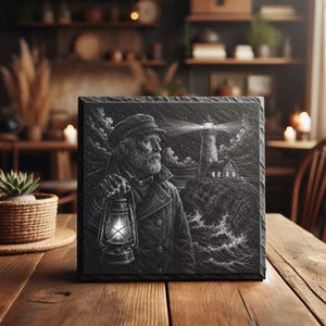 May include: A square slate plaque featuring a detailed white etched illustration of a bearded person in a cap and coat holding a glowing lantern, standing before a rocky coastline with a lighthouse shining a beam of light across a stormy sea.