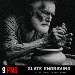 以下が含まれることがあります： 陶芸家のデジタルアート。年老いた職人がろくろで作業している様子を描いています。職人は長い白いひげを生やし、粘土を成形することに集中しています。画像には「9 PNG」と「SLATE ENGRAVING DIGITAL DOWNLOAD」の文字が含まれています。