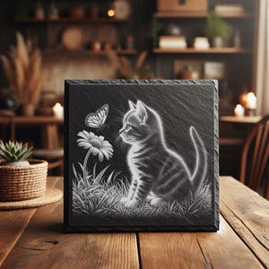 May include: A square, black slate tile featuring a detailed engraving of a kitten, a butterfly, and a daisy. The kitten is seated, gazing at the butterfly. The artwork is in black and white, set against a rustic wooden table.