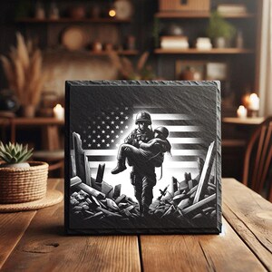 Gravure sur ardoise représentant un héros américain secourant un soldat patriotique, style gravure laser vintage [3]