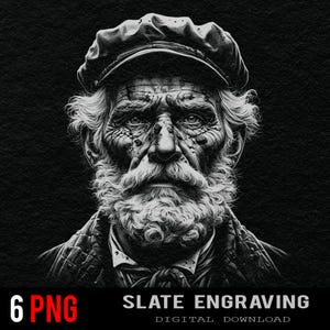 May include: A monochrome digital download featuring a detailed portrait of an elderly man with a weathered face, a full white beard, and a cap. The image includes the text "6 PNG" and "SLATE ENGRAVING DIGITAL DOWNLOAD".