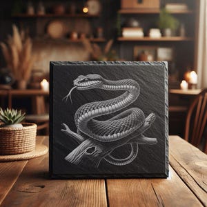 May include: A square, black slate coaster with a detailed, grayscale illustration of a snake coiled around a tree branch. The snake's tongue is extended. The coaster is displayed on a wooden table.