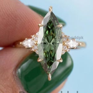 2 CT Marquise Green Moissanite Engagement Ring Gold Vintage Leaf Cluster Wedding Band Art Deco Alternative Bridal Anniversary Gift For Her.
