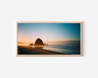 Lámina de puesta de sol en Cannon Beach, arte mural de silueta de Haystack Rock, paisaje de la costa de Oregón