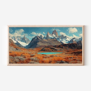 Fitz Roy turkos sjötryck | Patagonia gyllene tundralandskap kanvastafsch