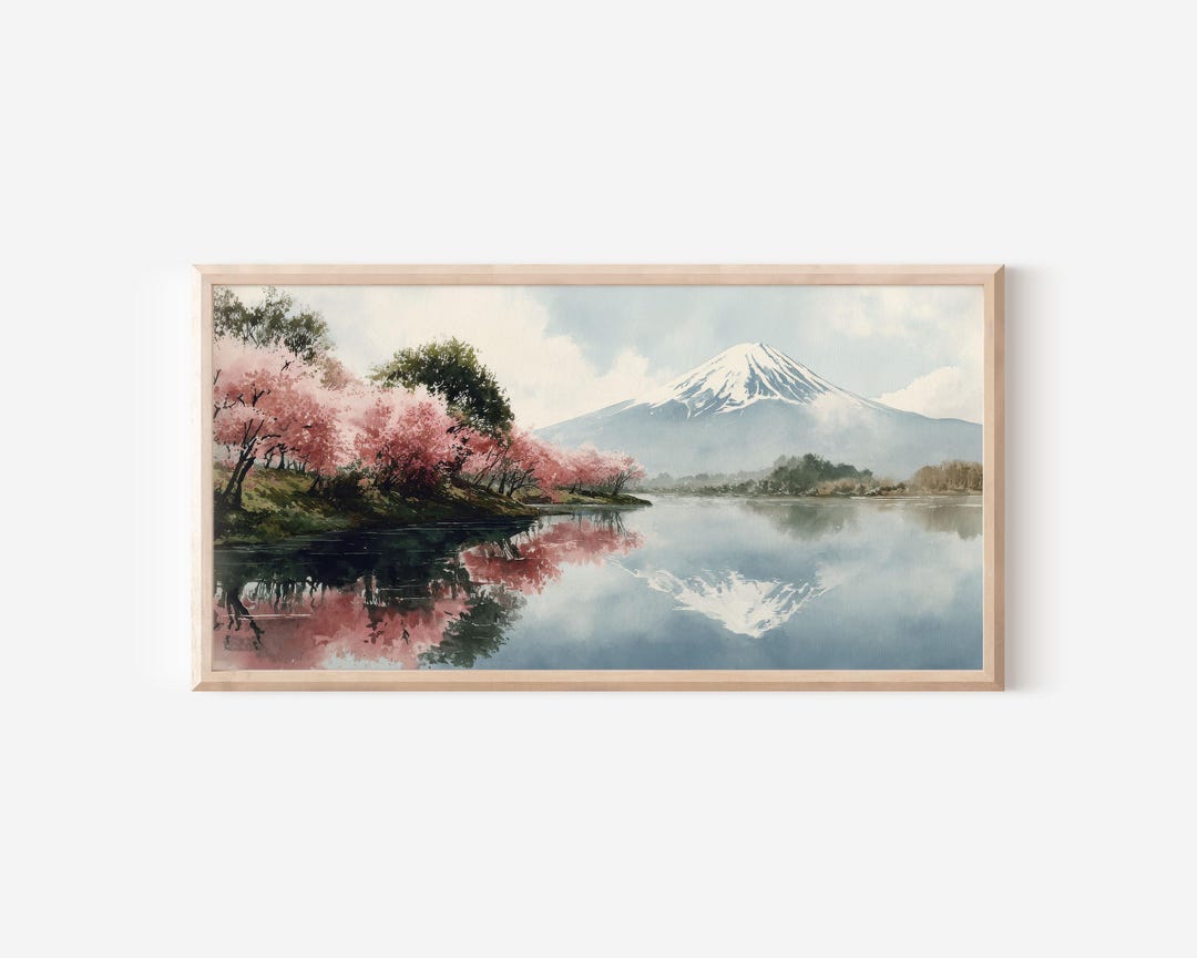 Mount Fuji Cherry Blossom Art, Japanese Spring Lake Watercolour Print ...