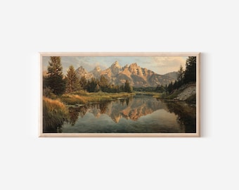Kunstdruck des Grand-Teton-Nationalparks: Landschaftsgemälde mit Spiegelung in einem Bergsee in Wyoming
