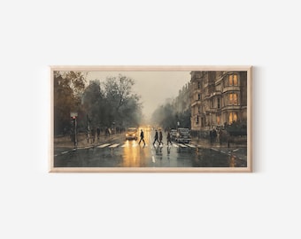 London Zebra Crossing Print, Rainy Street Watercolor Poster, Vintage Taxi British Art