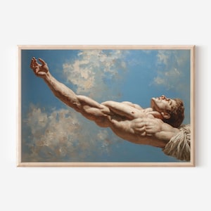 May include: A framed art print depicting a muscular figure with a light-toned complexion reaching upward with an extended arm against a bright blue sky filled with soft, white, textured clouds. The figure is shown from the torso up.