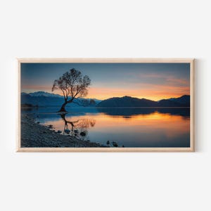 Wanaka Tree Wall Art, New Zealand Lake Sunrise Reflection Print, Minimalist Nature Landscape