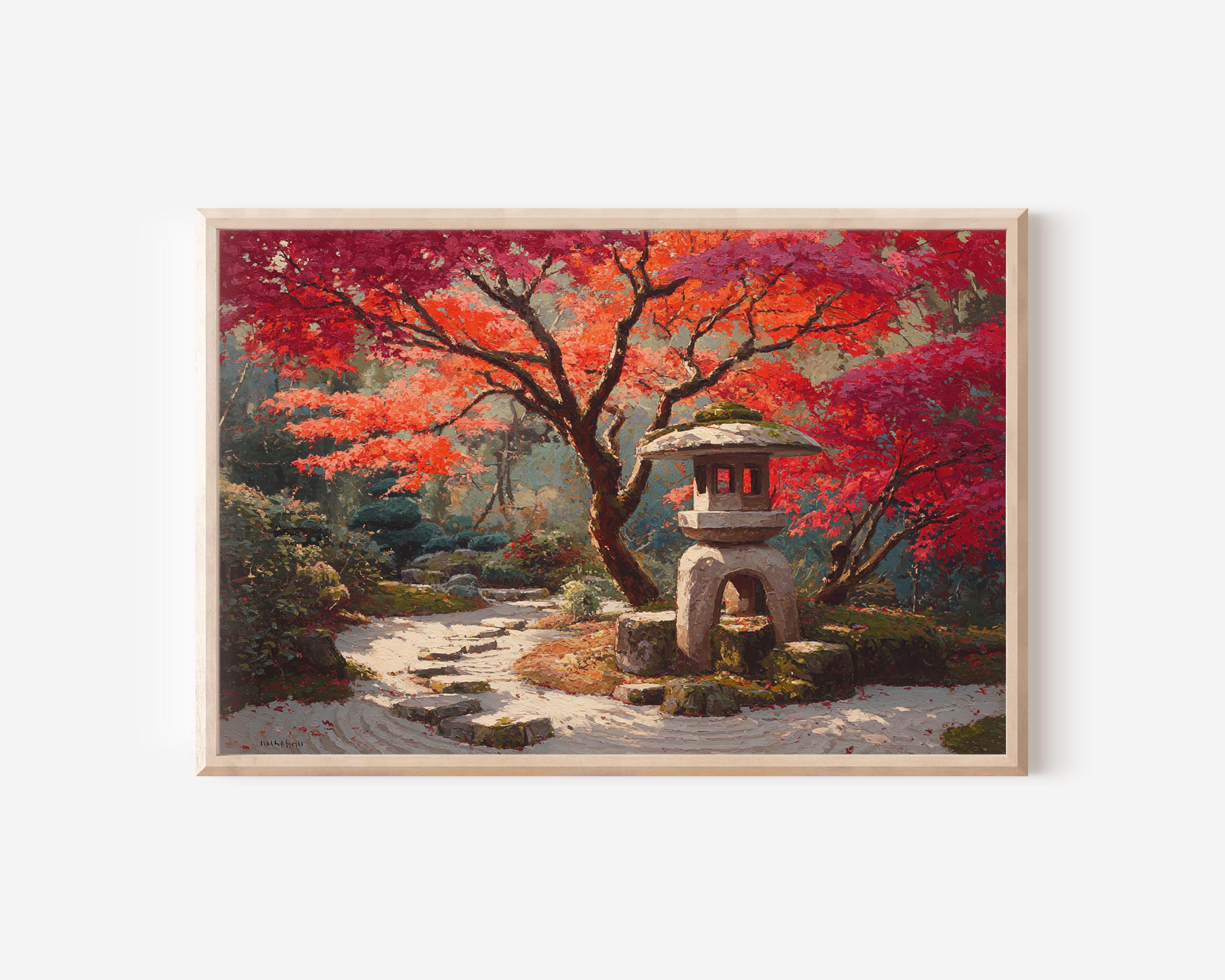 Japanese Garden Stone Lantern Autumn Oil Painting Print, Red Maple