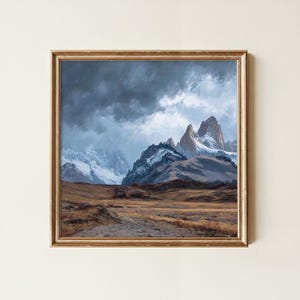 Oljemålning i Patagonien, dramatiska toppar, stormig himmel, vildmarkslandskap