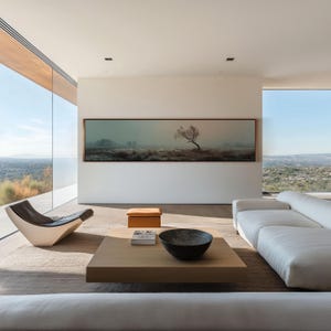 May include: A living room featuring a long, horizontal landscape painting of a lone tree in a misty field, a white sofa, a curved lounge chair, a square wooden coffee table with a black bowl and a book, and a small orange ottoman on a rug.