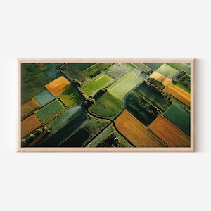 May include: Framed print featuring an aerial view of agricultural fields in a patchwork design. The fields are a mix of green, gold, and brown, divided by roads and trees. The artwork is displayed on a white wall, with a wooden frame.
