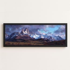 Fitz Roy-tryck, Patagonia Purple Sky oljemålningsstil panoramaduk