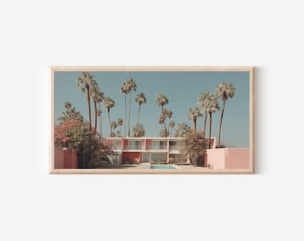 Palm Springs Retro Motel Print, Mid Century Pink Hotel, California Palms Summer Decor