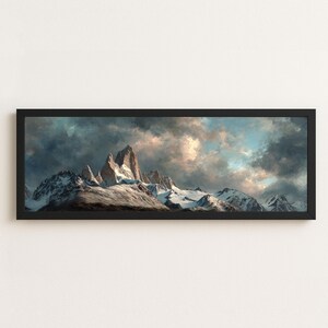 Fitz Roy-tryck, Patagonia Storm Sky-väggkonst, stämningsfull oljemålningsstil, panoramacanvas