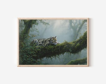Clouded Leopard Sleeping Oil Painting Print, Misty Forest Wildlife Wall Art, Nature Decor