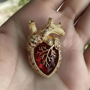 Anatomical Heart Pendant in 14K Solid Yellow Gold, Ruby Red Crystal Sacred Heart Jewelry, Science Inspired Medical Gift, Unique Cardiology