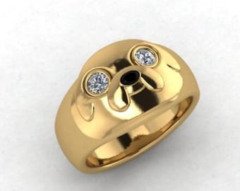 Jake the Dog Adventure Time Inspired Diamond Eyed Signet Ring, Yellow Gold/925 Sterling Silver Cartoon Character Ring, Unique Geek Nerd