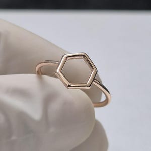 Minimalist Hexagon Ring in Solid Gold or Sterling Silver, Geometric Honeycomb Wedding Band, Dainty Open Hexagon Stacking Ring