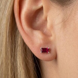 Baguette Ruby Earrings, Emerald Cut Red Gemstone Studs, Solid Gold Sterling Silver