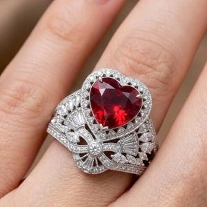 May include: A silver ring featuring a large, heart-shaped, red gemstone. The gemstone is surrounded by a halo of smaller, clear stones. The ring has an intricate design with additional clear stones and a bow-like detail.