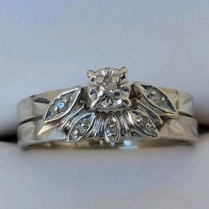 Vintage 14k White Gold Wedding Ring Set, Mid Century Diamond Engagement Ring with Illusion Setting, Retro Sunburst Wedding Band