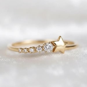 Dainty Celestial Star and Diamond Promise Ring in 14K Solid Yellow Gold, Tiny Shooting Star Engagement Ring, Delicate Stacking Gold Band
