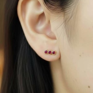 Triple Bezel Ruby Bar Stud Earrings, 925 Sterling Silver, Minimalist Red Gemstone