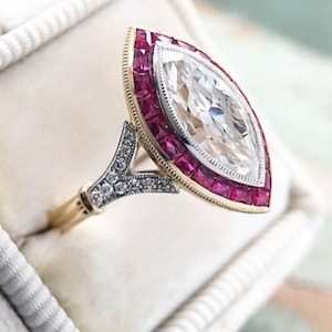 Vintage Art Deco Marquise Moissanite Engagement Ring, Calibre Cut Ruby Halo Wedding Ring, 925 Sterling Silver Two Tone Ring, Antique