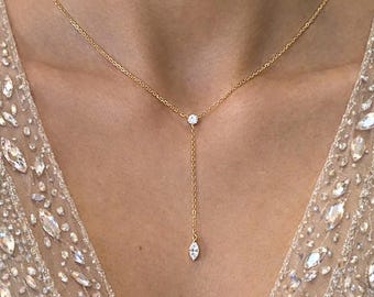 Collar con moissanita marquesa en Y en plata de ley / Delicado collar de lazo para mujer / Collar minimalista de plata / Regalo para ella