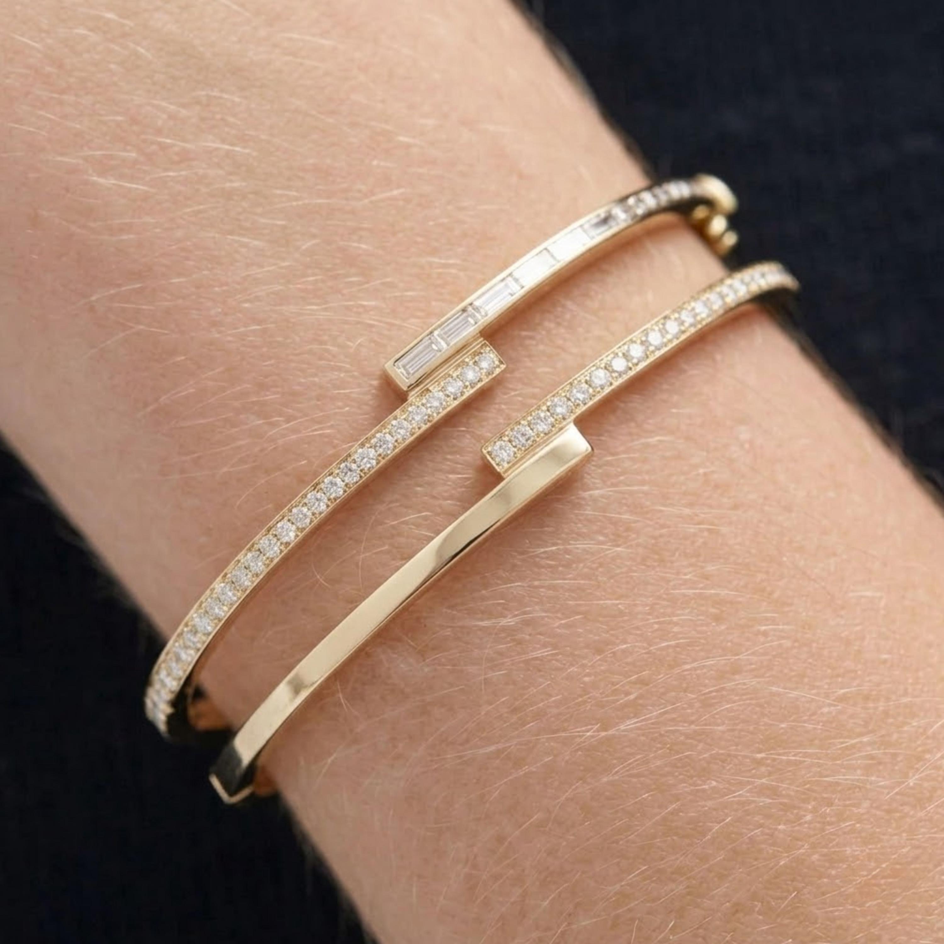 14K Solid Yellow Gold Moissanite Bangle Bracelet, Flush Setting Wedding…