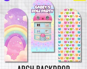Fondo de arco de la casa de muñecas de Gabby: fuente y logotipo editables / Letrero de cumpleaños personalizado (descarga digital de Canva)