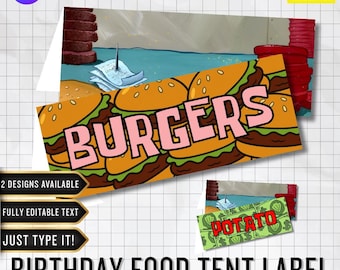 Etiqueta editable para alimentos con diseño de esponja / Decoración de cumpleaños (Descarga digital en Canva)