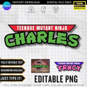 Ninja Turtle Editable Logo | Custom Font | Personalized PNG | Birthday Decor (Canva Digital Download)